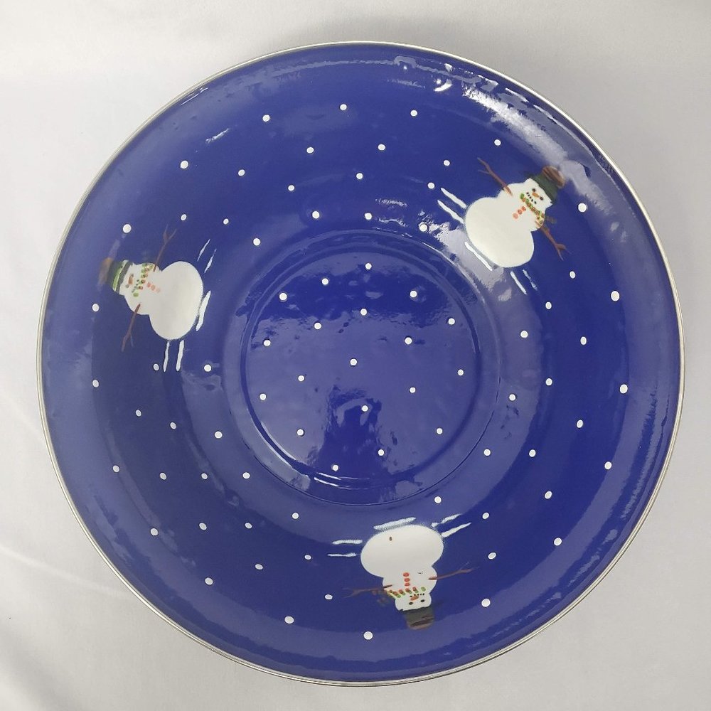 Vintage Golden Rabbit II Snowman Enamel Bowl 1997 Denise Harvey Design 11 1/2"
